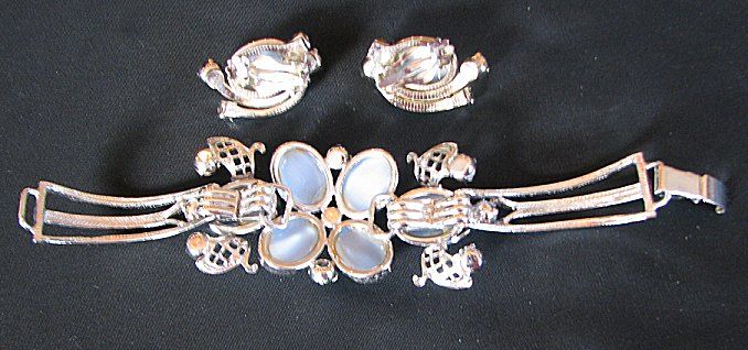 VINTAGE, ICE BLUE, GLASS MOON STONE BRACELET & EARRINGS  