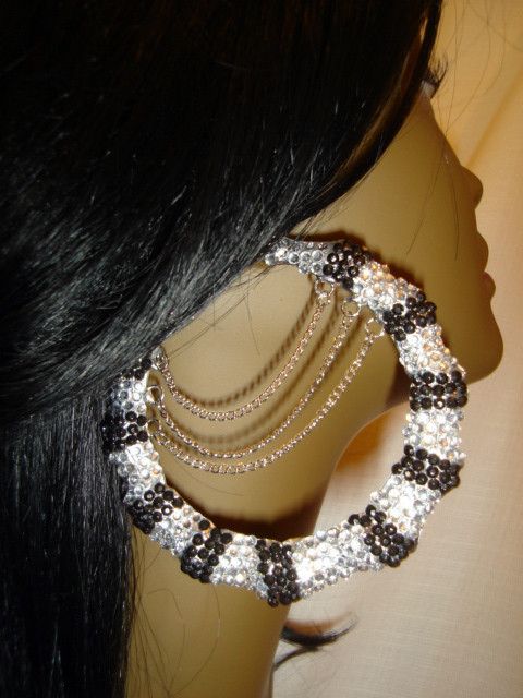  HOOP EARRINGS 3.5 INCH BASKETBALL WIVES BAMBOO SEQUIN DOUBLE HOOP 