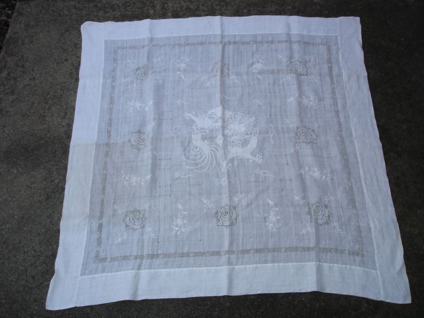 ANTIQUE CHINESE DRAGON WHITE LINEN TABLE CLOTH TAPESTRY VINTAGE OLD 