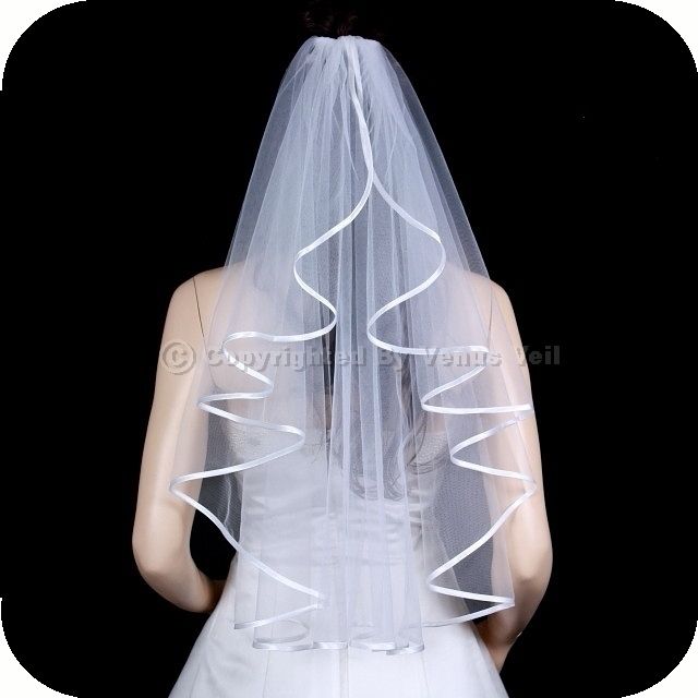 1T White Elbow Ribbon Edge Center Cascade Bridal Veil  
