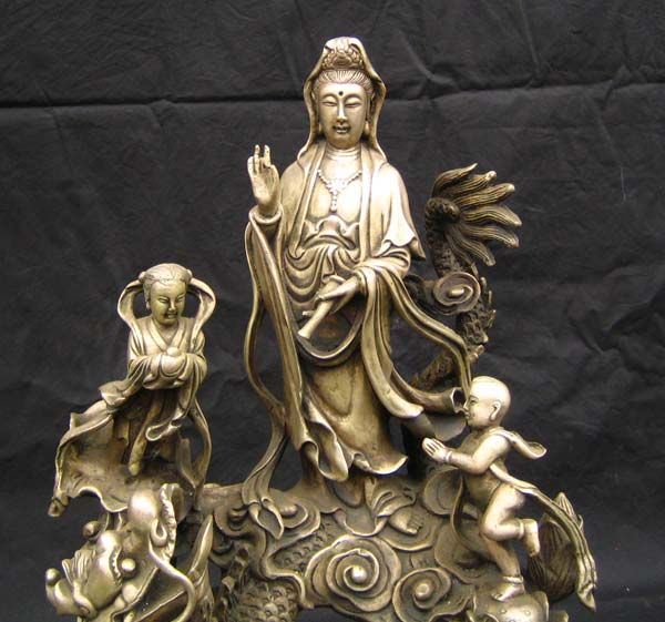 Old Chinese Bronze Quan Kin & Dragon Girl Statue  