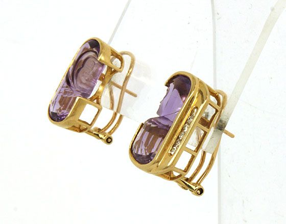   14K GOLD, 30 PTS. DIAMONDS & 19 CTS AMETHYST CAMEOS LADIES EARRINGS