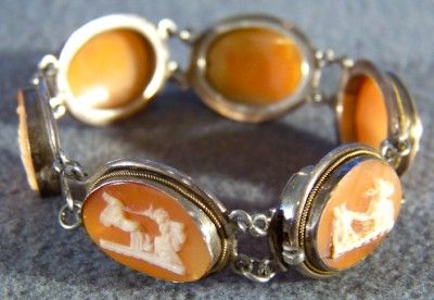 ANTIQUE RARE SILVER LANDSCAPE FIRURAL 6 CAMEO BRACELET  