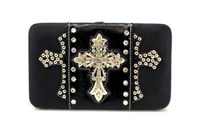 Black Western Tooled Cross Handbag Purse Flat Wallet  