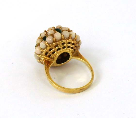 GORGEOUS 18K GOLD, ANGEL SKIN CORAL & ENAMEL DOME RING  