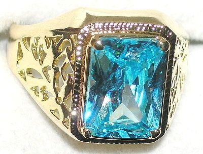 Mens Rectangle Filigree Aquamarine Ring March Stone  