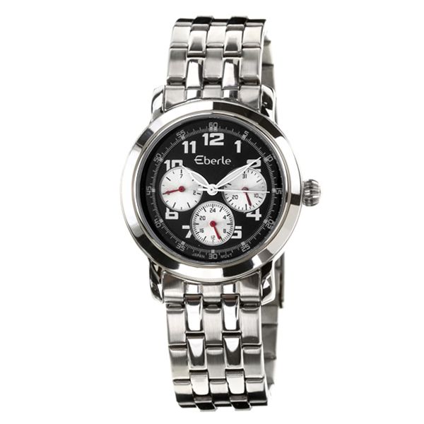 Eberle Mens SS Bracelet Black/Silv Multifunction Watch  