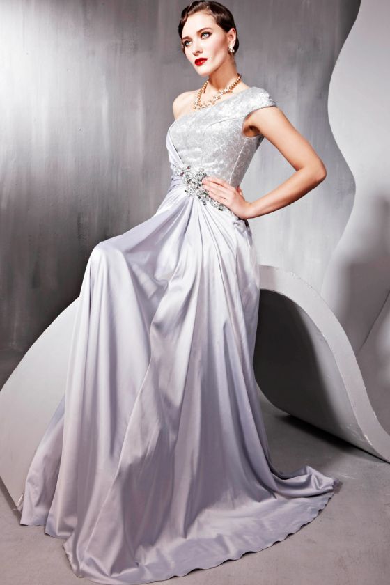   Gray Cocktail Prom Satin One Shoulder Formal Long Evening Dress  