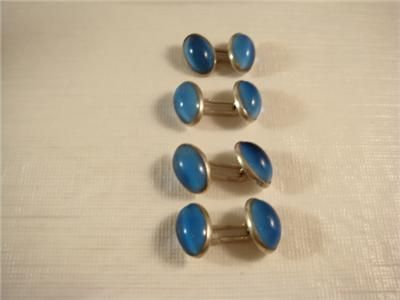 Antique Sterling Silver Moonstone Cufflinks 2 Pair Signed w/Blue 