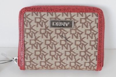 NEW AUTHENTIC DKNY Red Leather Trim Signature Clutch ZIP Wallet with 