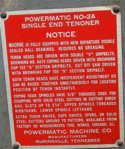 Powermatic Single End Tenoner NO 2A 1HP 3PH  