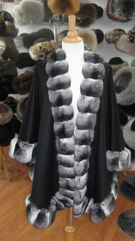 NEW WOMENS BLACK CASHMERE AND CHINCHILLA CAPE  