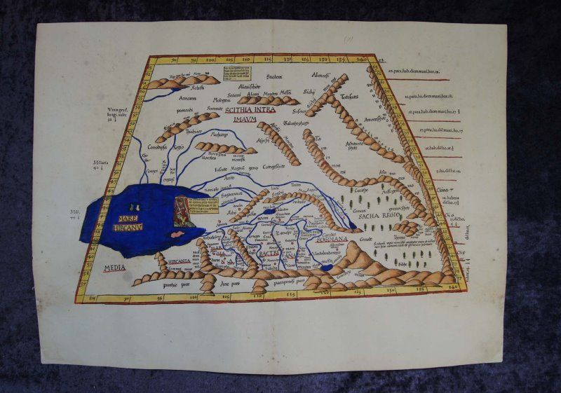 CASPIAN SEA SCYTHIANS WOODCUT MAP PTOLEMY 1541 #A221S  