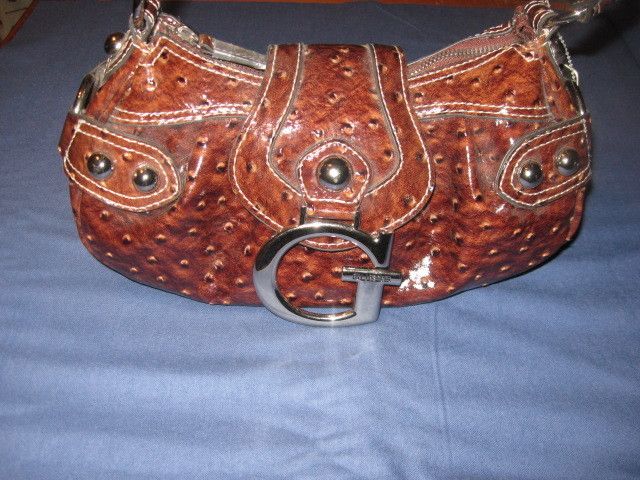 GUESS HANDBAG PURSE BROWN PATENT OSTRICH NWT  