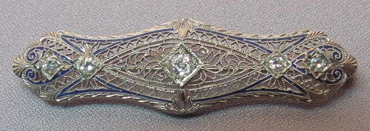 Art Deco Diamond Enamel 18K WG Brooch  