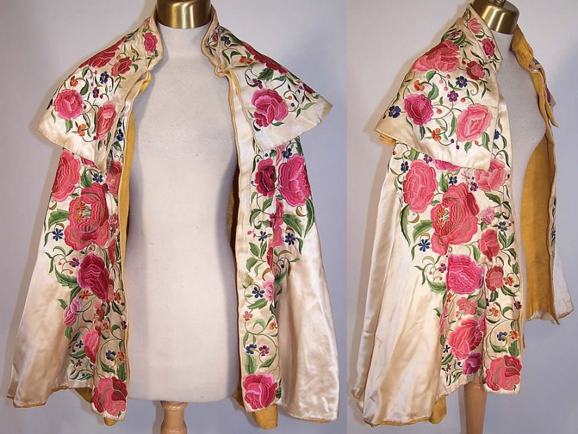 Antique Spanish Matador Ceremonial Floral Rose Silk Embroidered Shawl 