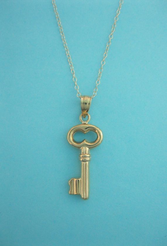 10K Real Yellow Gold Key Charm Necklace 18 1 1/8 Hollow Shiny Brand 