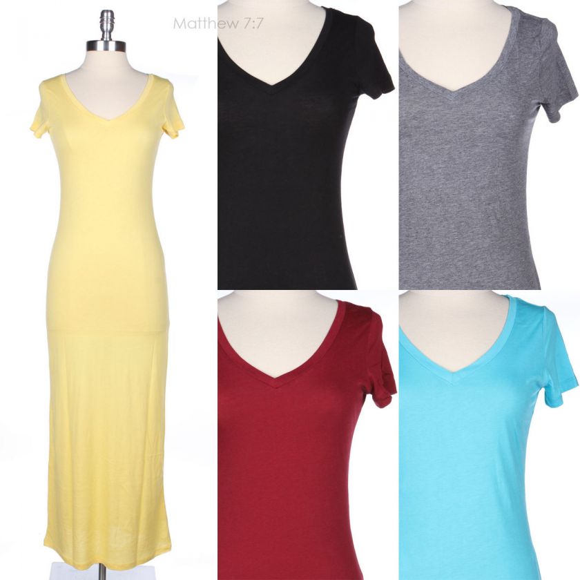 Plain Solid Cotton V Neck Short Sleeve Full Length Long Maxi Sun Dress 