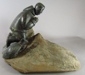 Vintage Inuit Eskimo Seal Hunter Soapstone Carving Large with Stand 