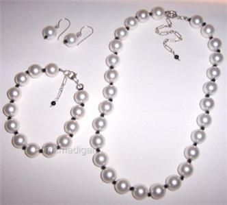   Rare Shell Pearl Black Sterling Silver Bracelet Necklace Earrings Set