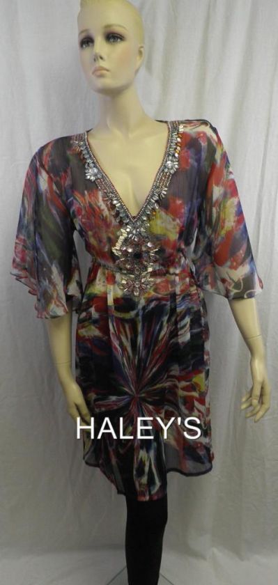   Khosla Sheer Blouse Top Blue Red Beaded Cruise Wear Size Small  