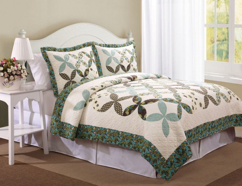 FARFALLA 3pc King Quilt Set Aqua Chocolate Brown  