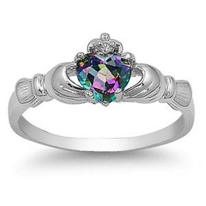 Rainbow Mystic Topaz CZ Heart Claddagh Silver Ring  