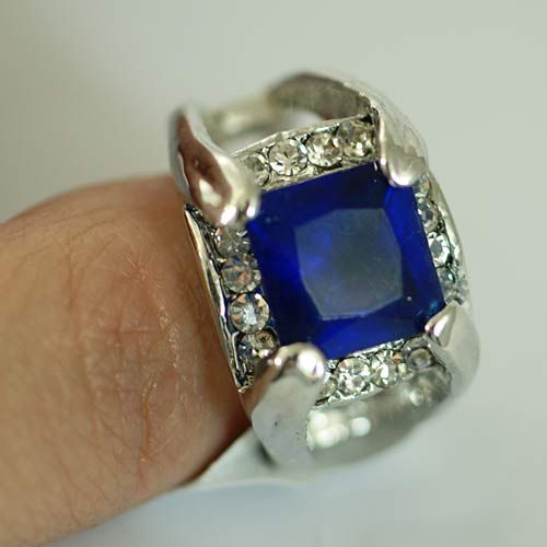   White GP Blue Square Sapphire Gemstone CZ Ring Fashion Jewelry  