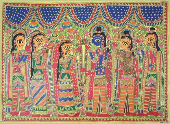 Rama & Sita Nuptials Madhubani Folk Art Painting India Drawings 