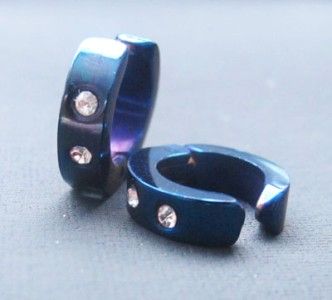 clip on B silver blk cz mens stud hoop non magnetic n2  