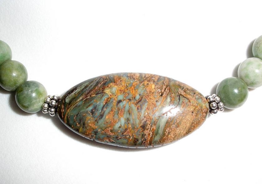   AFRICAN GREEN OPAL & APPLE JADE GEMSTONE Necklace 925 Sterling  