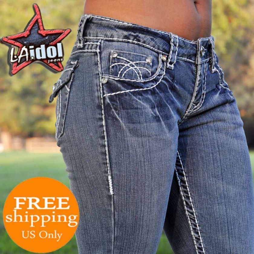 LA Idol jeans SZ 0 15 LIGHT BLUE white stitching BOOT CUT FAST 