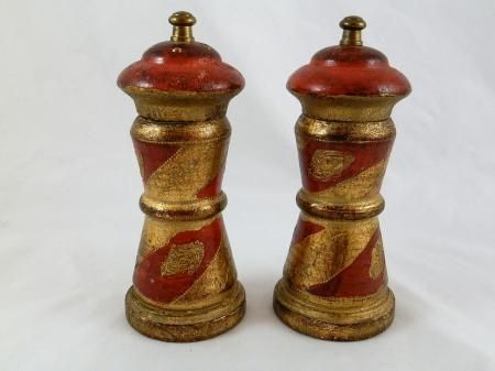 Vintage MF Italy Salt & Pepper Mill Grinder Set Gold & Red Painted 