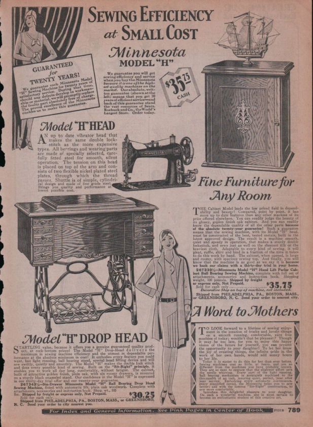 1929 Print Ad Sewing Machine Model H Head Cabinets  