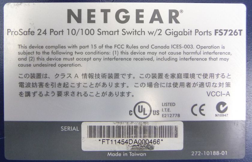 NETGEAR FS726T PROSAFE 24 PORT 10/100 SMART SWITCH  