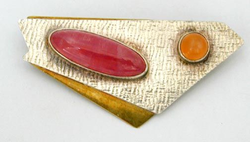 Modernist Brooch Sterling & Brass Pink & Orange Stones  