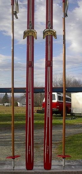 VINTAGE Wooden Skis 85 Wood RED Skiis + POLES Ski GREAT  