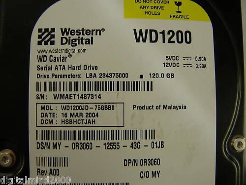 WESTERN DIGITAL WD1200 120GB SATA HD WD1200JD 75GBB0 718037106731 