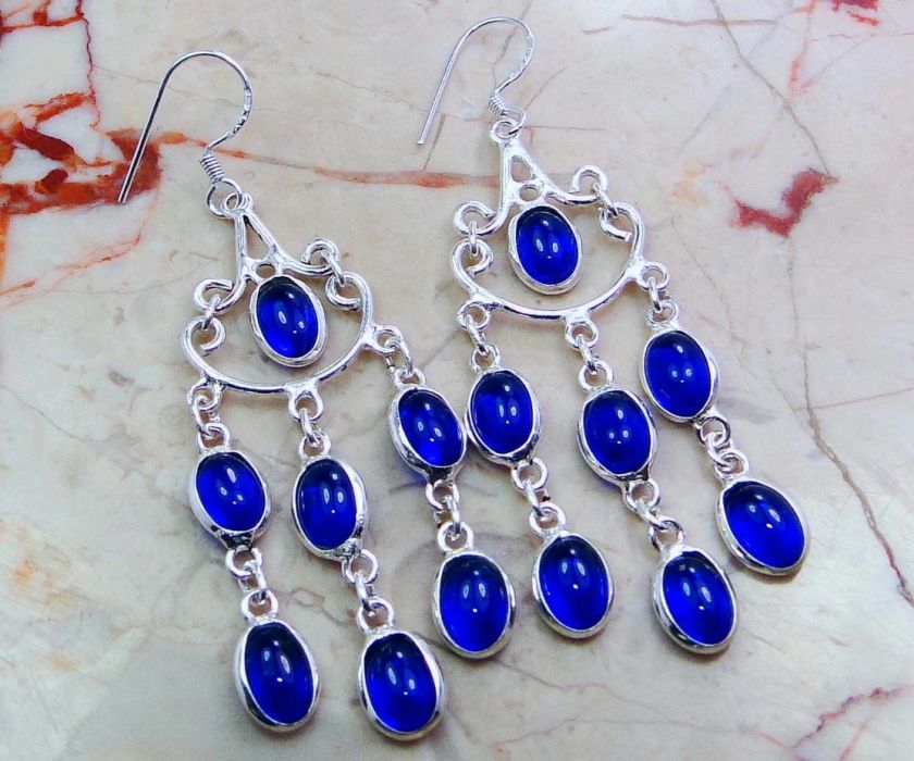 BLUE QUARTZ & 925 SILVER HOOK EARRINGS 60mm; (X9064)  